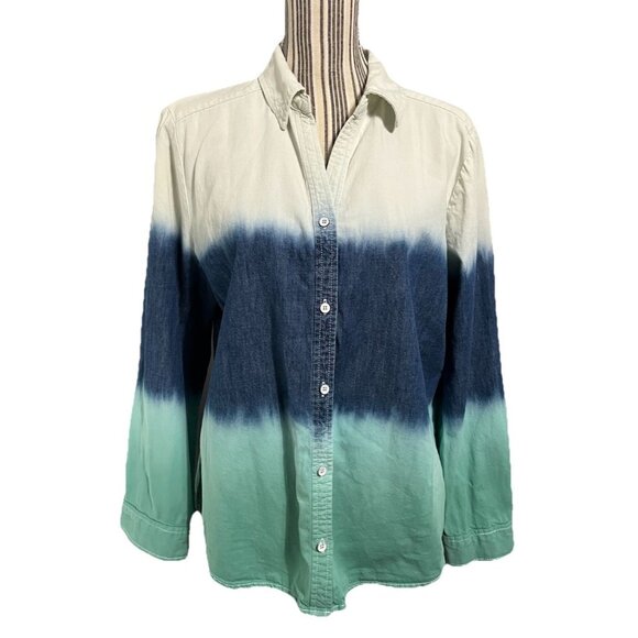 Chico's Size 2 (M/L) 100% Cotton Denim Button Up Shirt Womens Ombre Boho - Picture 1 of 3